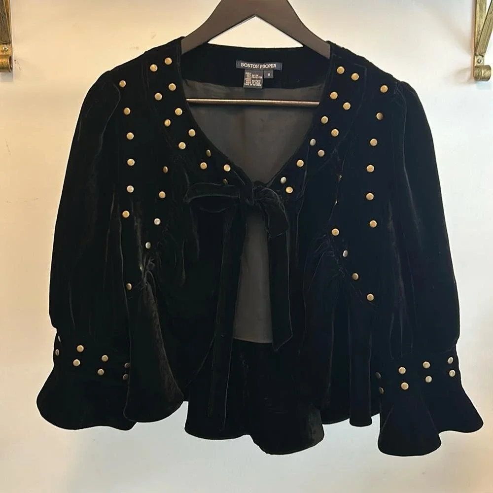 Boston Proper black velvet bolero jacket‎ brass studs